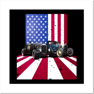 Vintage Model A Hot Rods in front of American Flag Posters and Art